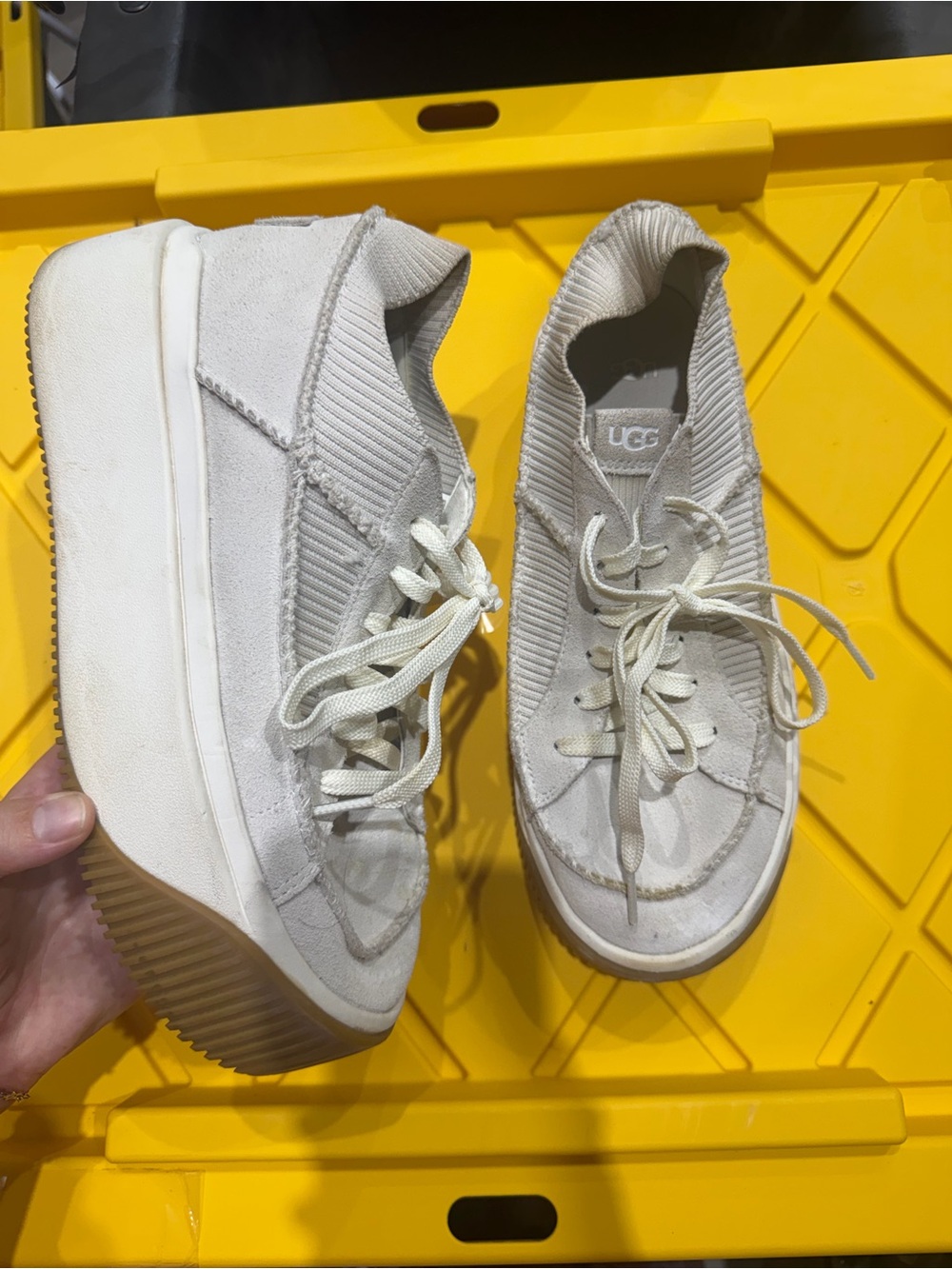 UGG Cream Knit and Suede Lace-Up Platform Sneakers